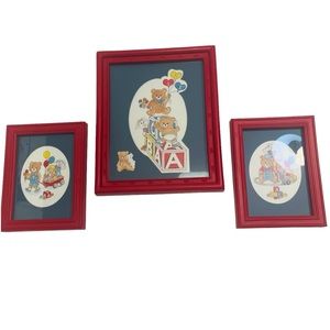 (3) Teddy Bear wall pictures VTG HOMCO Nursery Baby Children’s Red & blue ABC’s